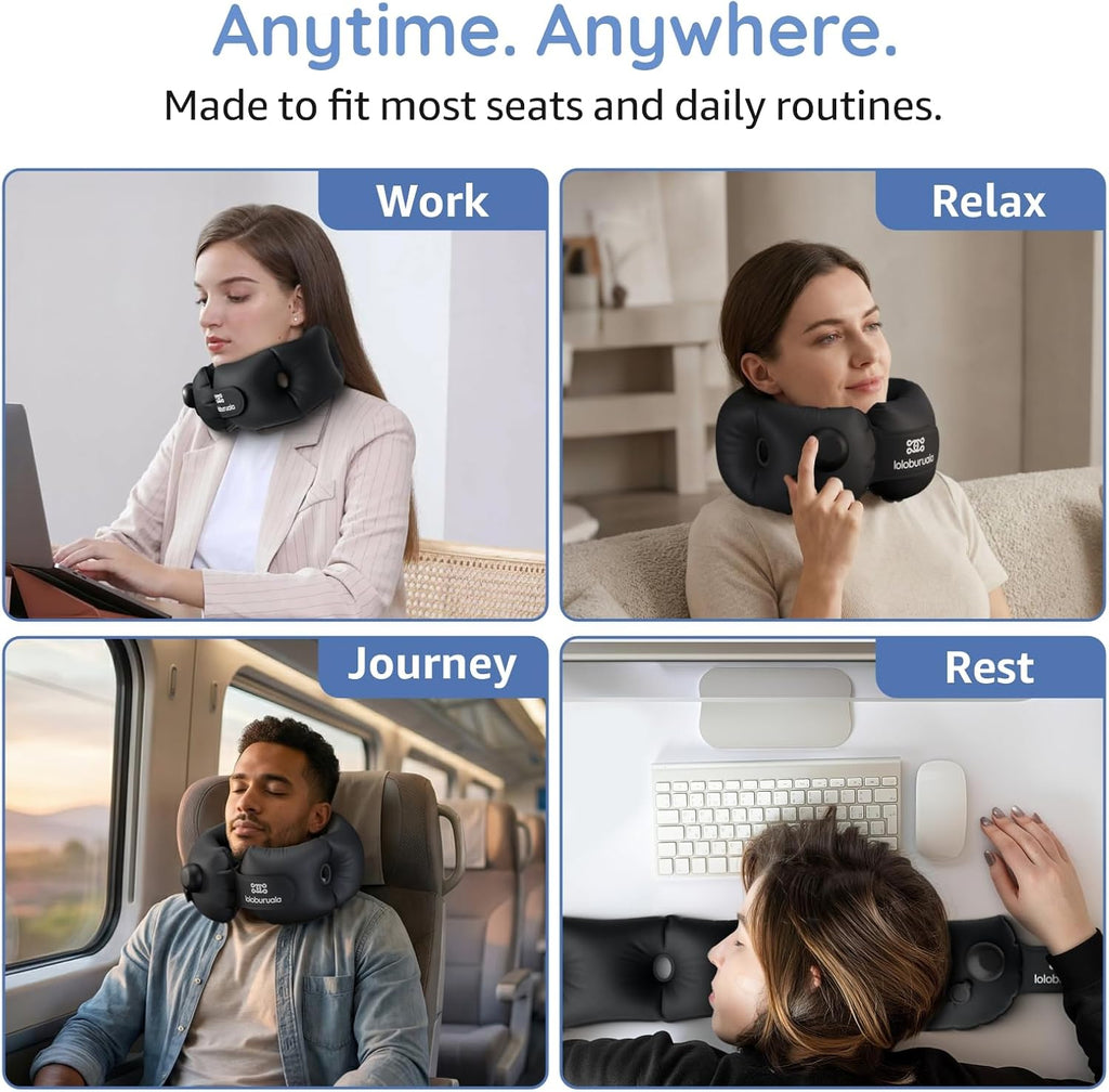 Inflatable Neck Pillow, Portable Travel Neck Pillow Airplane, Storable Black Neck Pillows Travel with Washable Cover, Adjustable Air-Fill…