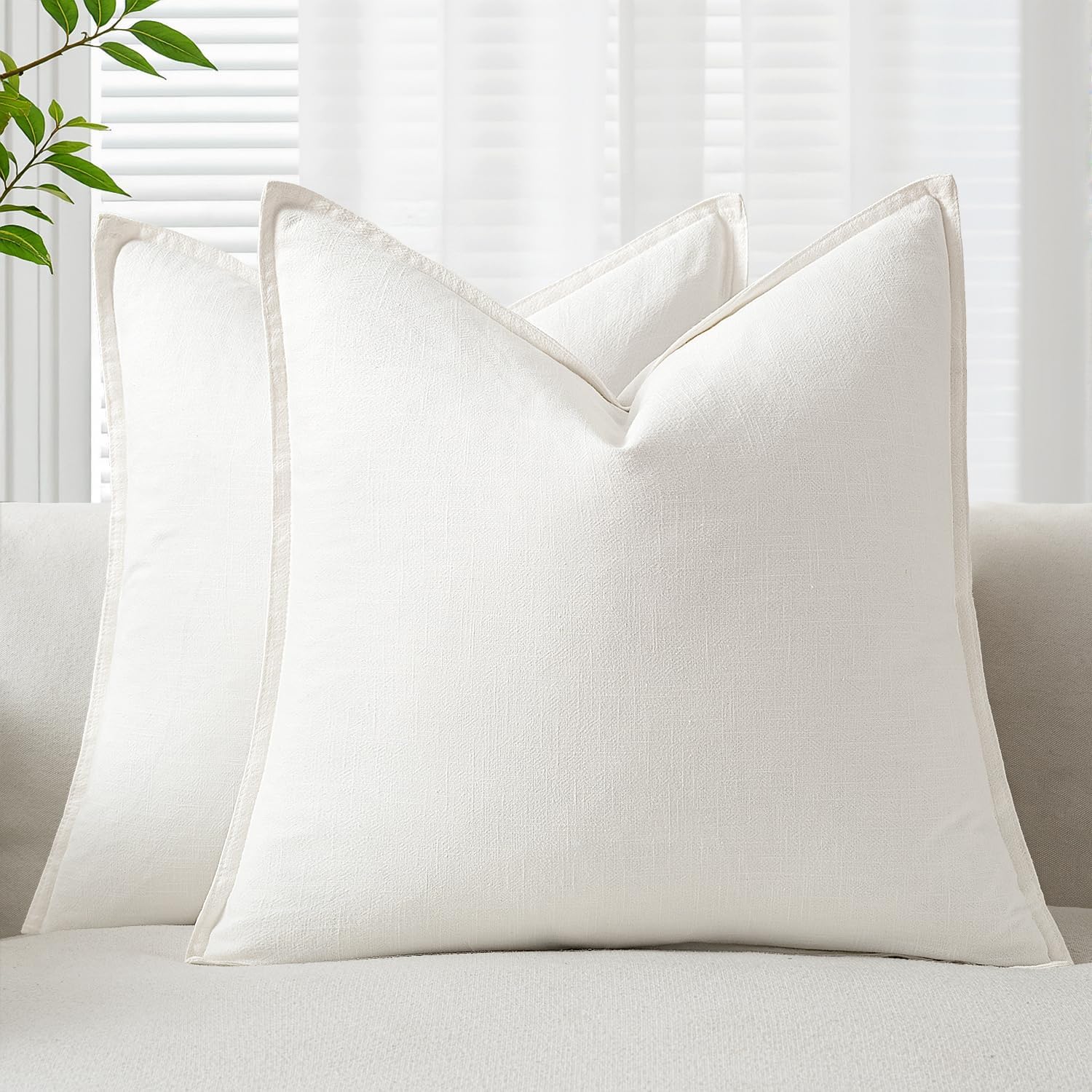 EMEMA Decorative Linen Throw Pillow Covers 24x24 Inch Cream Boho Farmhouse Neutral Couch Throw Pillows for Bed Pack of 2 Accent…