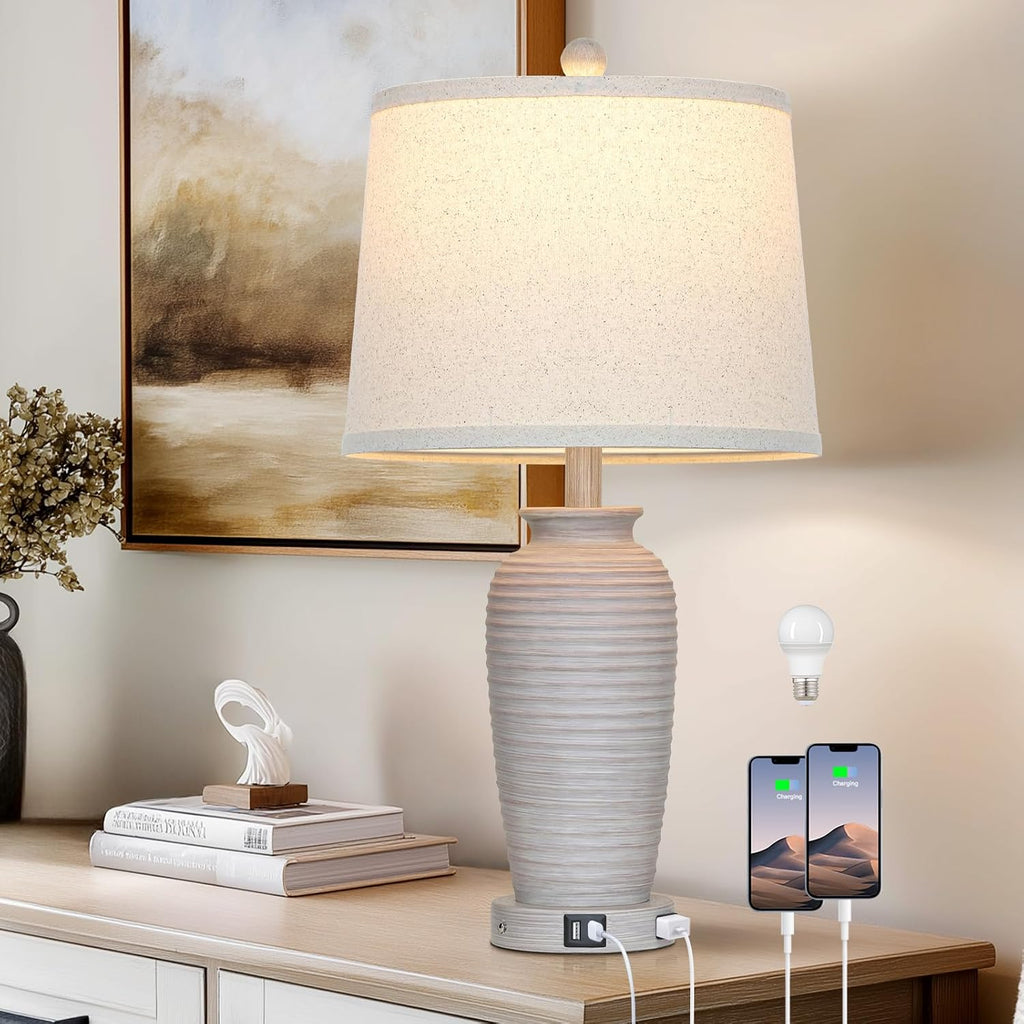 CINSARY 25" Vintage Farmhouse Jar Table Lamps, Single Rustic Bedside Lamp with USB A+C Ports & AC Outlet, Nightstand Lamps for Living…