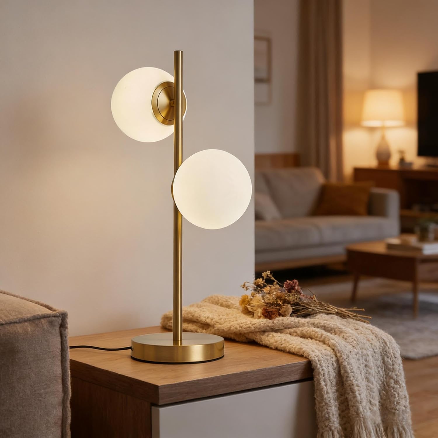 Mid Century Modern Table Lamp, Gold Globe Nightstand Light with 2 LED Bulbs Included, Contemporary Bedside Lamp for Bedroom Living Room…