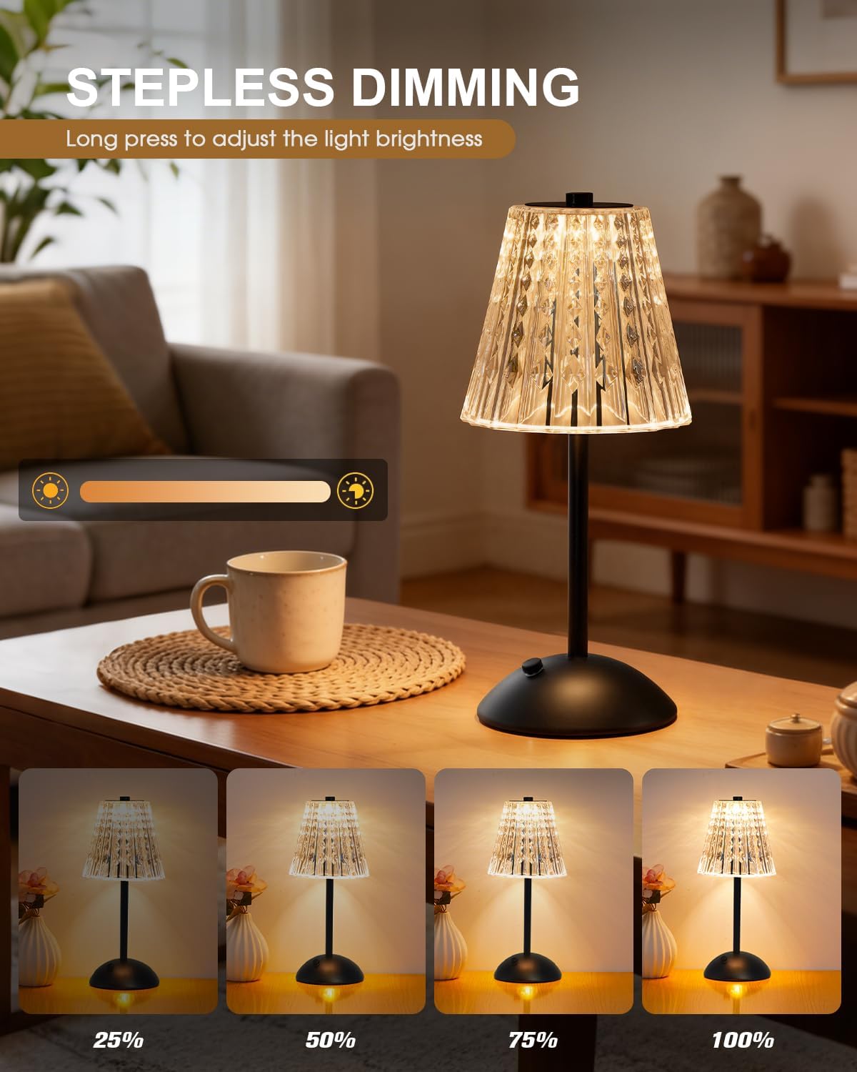 Nusogon Rechargeable Cordless Table Lamp, Touch Control Crystal Desk Lamp with 3500mAh Battery, 3 Color Dimmable LED Small Lamp for…