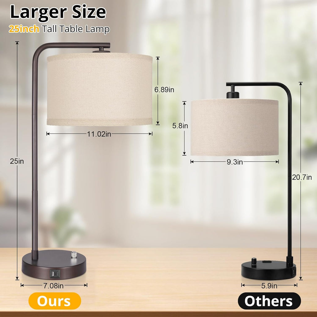 Table Lamps Set of 2, Fully Dimmable Bedside Lamp with USB C+A Charging Ports, Modern Nightstand Lamps with Linen Fabric Shades, Tall…