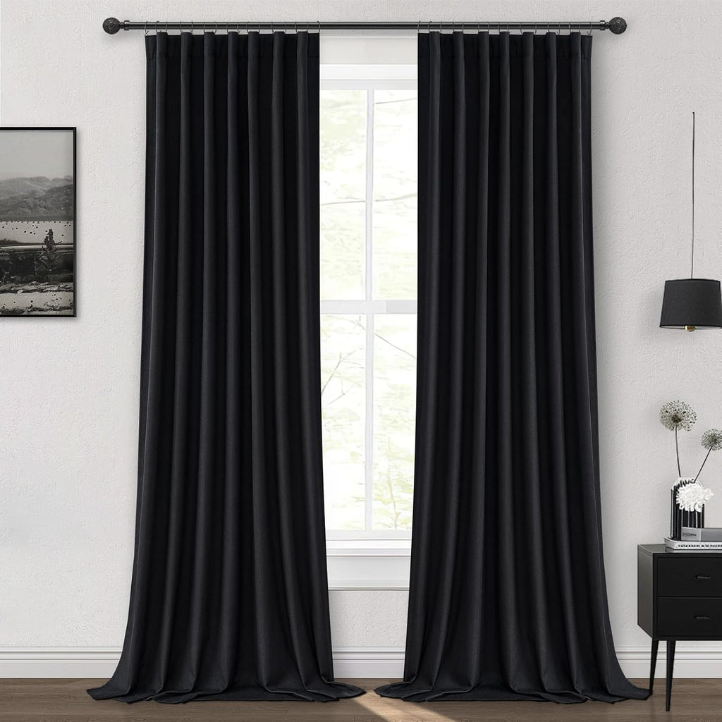 Qjmydeco Black 100% Blackout Curtains 84 Inches Long to Keep Heat Out, Black Linen Boho Drapes for Bedroom/Living Room Darkening Back Tab/R…
