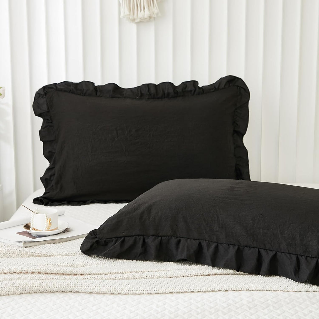 Merryword Black Pillow Shams Standard Pillowcases 20x26inch Black Ruffle Cute Pillow Cover Set of 2 Shabby Chic Soft Microfiber Pillowcases…