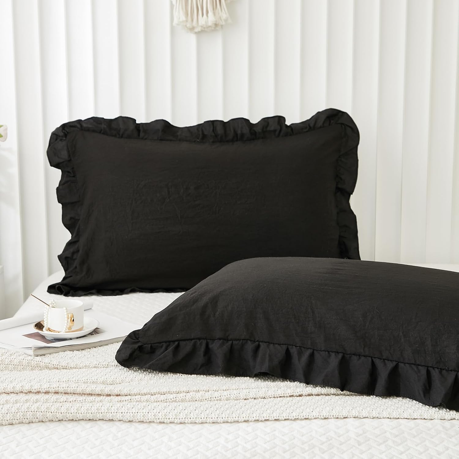 Merryword Black Pillow Shams Standard Pillowcases 20x26inch Black Ruffle Cute Pillow Cover Set of 2 Shabby Chic Soft Microfiber Pillowcases…
