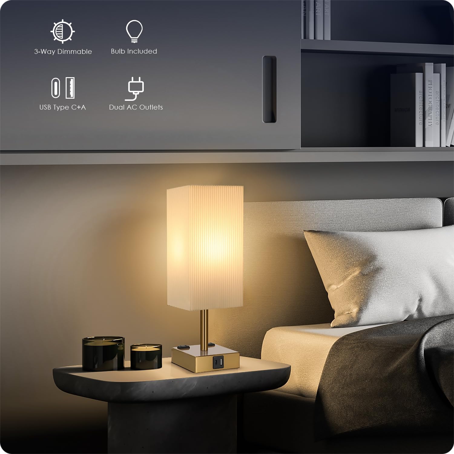 Set of 2 Bedside Table Lamp 3 Way Dimmable Nightstand Lamp with USB C & USB A Charging Port, 2 AC Outlets, 3000K LED Bulbs (Pleate)