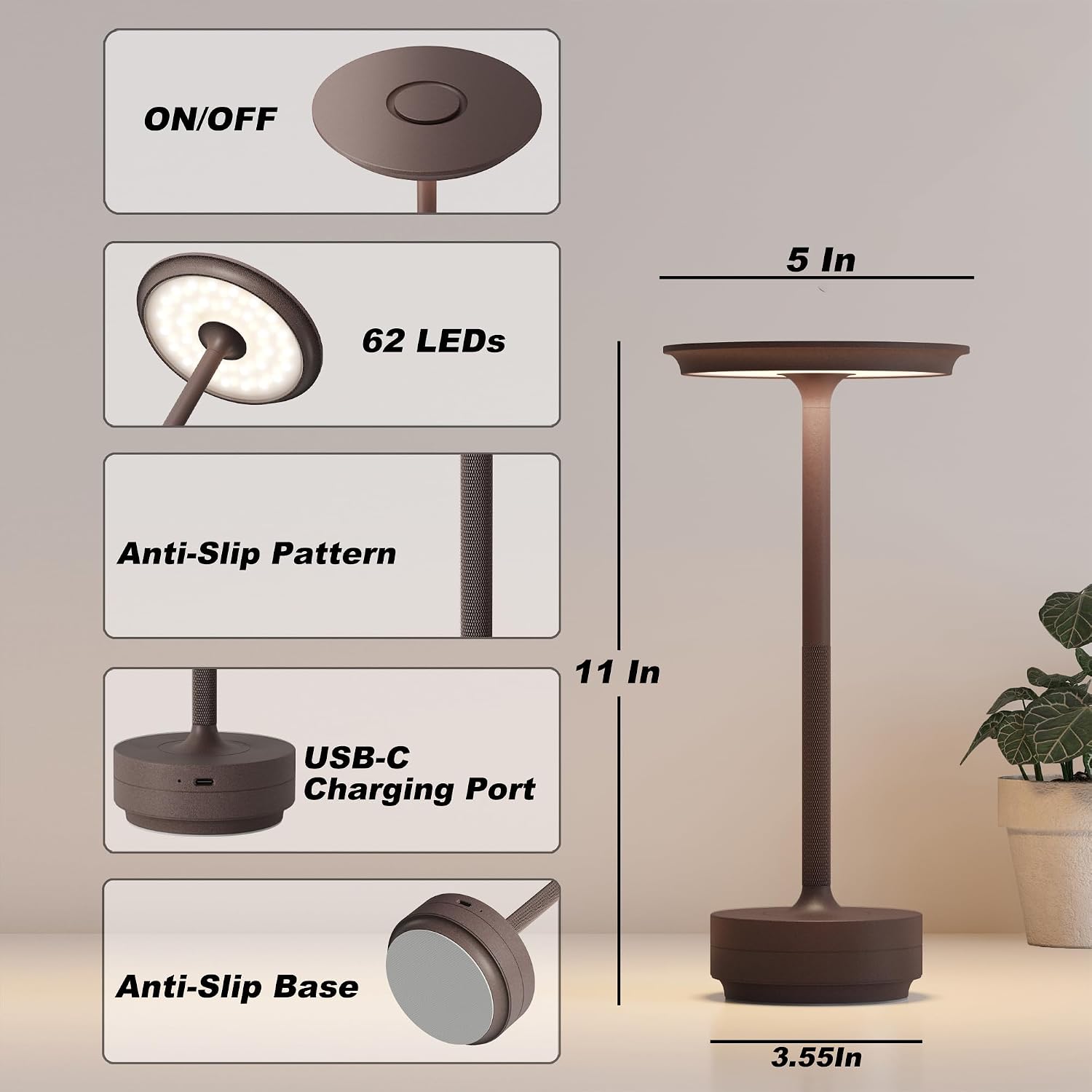 TBBGA 1 Pack Rechargeable Table Lamps Cordless, Portable 5000mAh Outdoor Table Light, 3 Color Stepless Dimming LED Table Lamp with Memory…