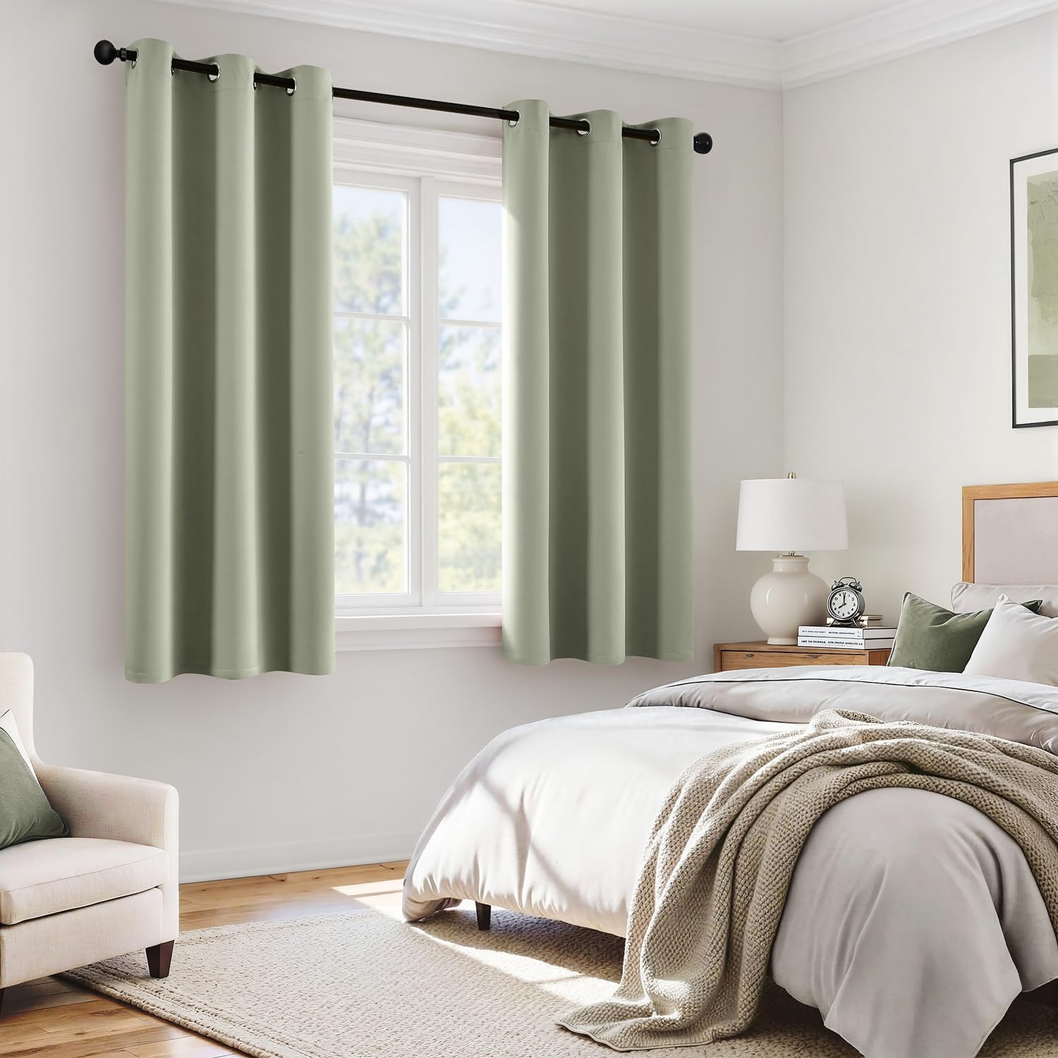 Miulee Sage Green 100% Blackout Curtains for Bedroom 54 Inch Length, 2 Thick Layers Thermal Insulated Short Window Curtains with Black Line…