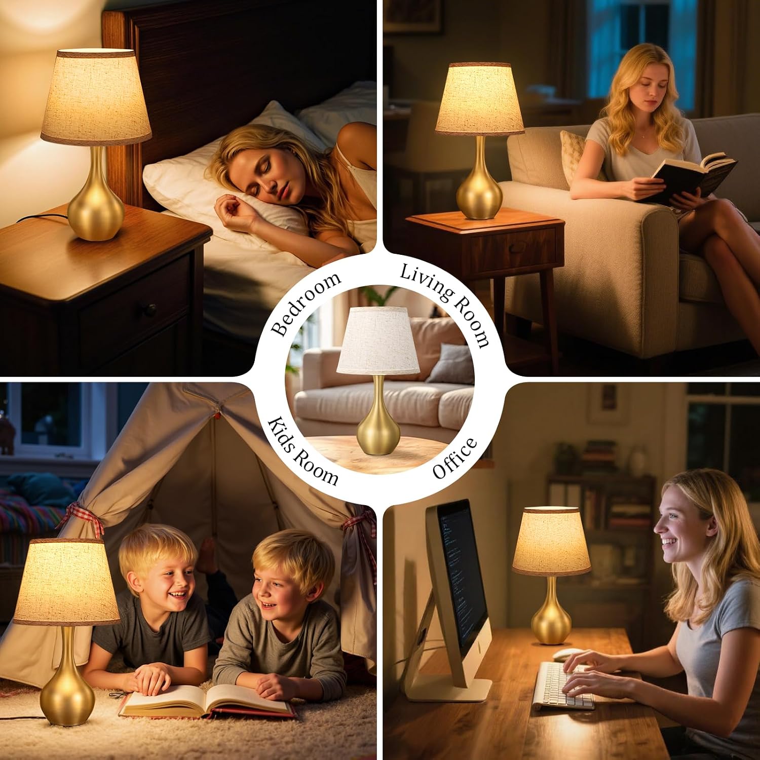 Seealle Touch Table Lamp for Bedroom, 3-Way Dimmable Small Bedside Lamps for Night Stands with Wires, Gold Desk Lamp for Kids Room…