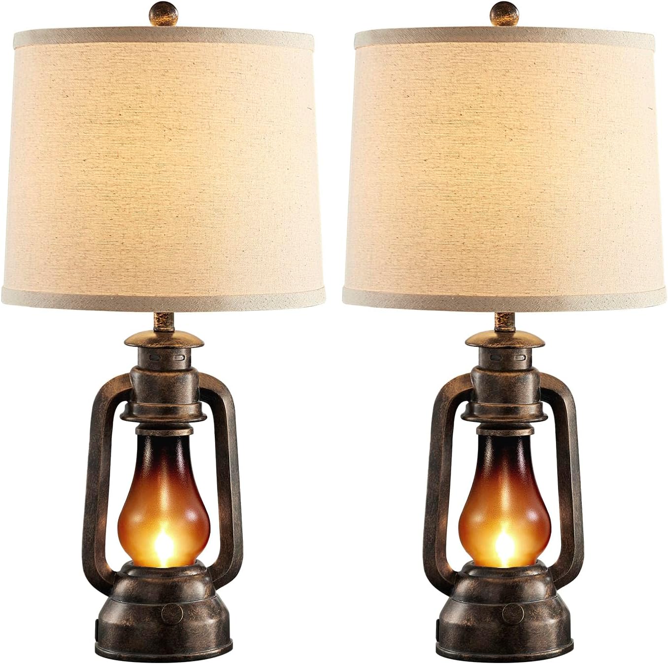 Farmhouse Rustic Table Lamps for Bedroom Set of 2, Vintage Lantern Lamp with Dual USB Charging Ports,25" Retro Antique Bedside Nightstand…