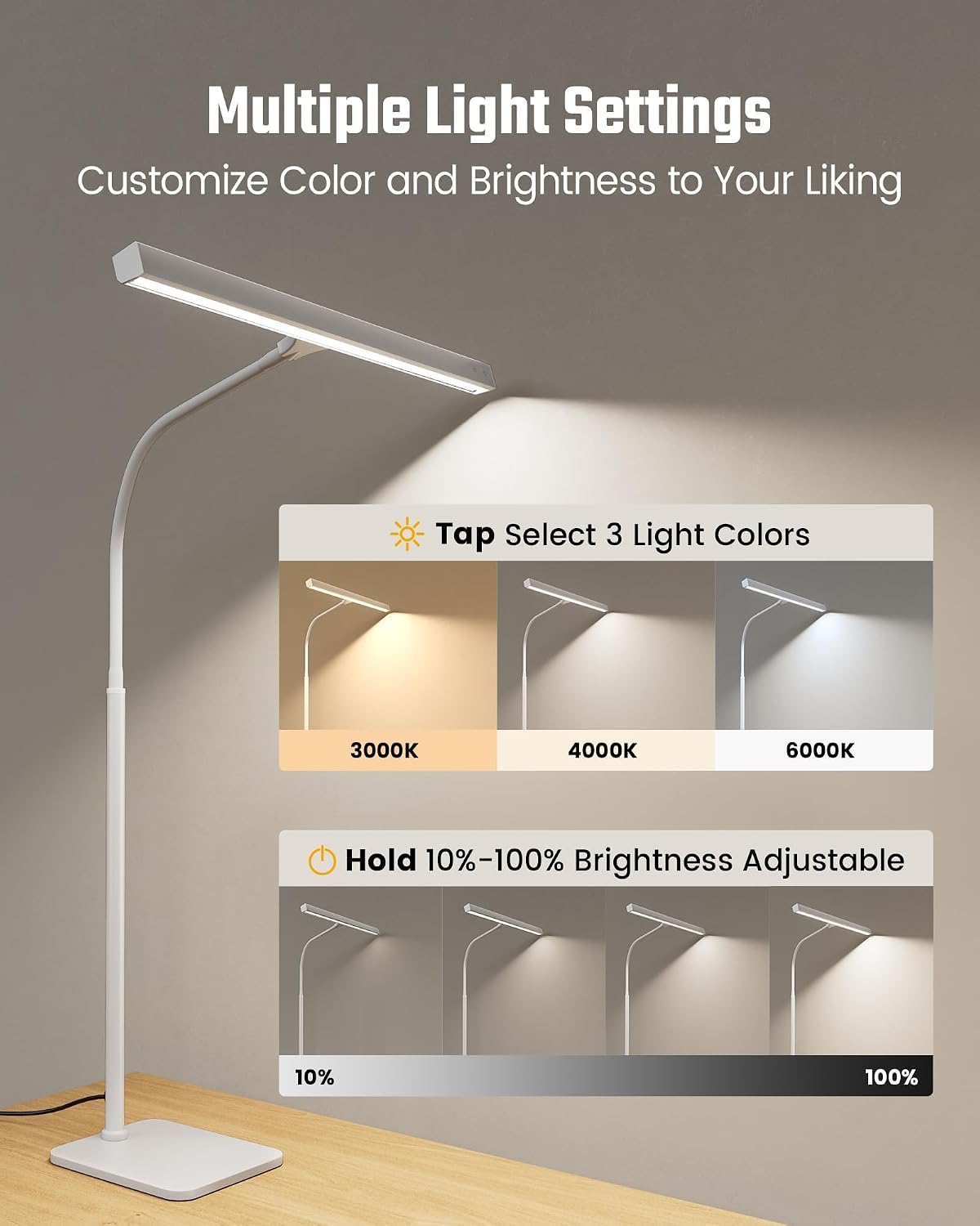 SUPERDANNY LED Desk Lamp for Home Office, Eye-Caring Desk Light with Base, 12W Touch Control 3 Colors Dimmable Brightness, Gooseneck…