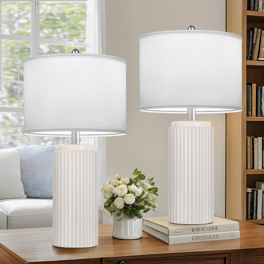 Tobusa 23.5’’ Beige Modern Ceramic Table Lamps Set of 2 for Living Room, Farmhouse Bedside Lamps with Upgraded White Linen Shade, Rustic Ni…