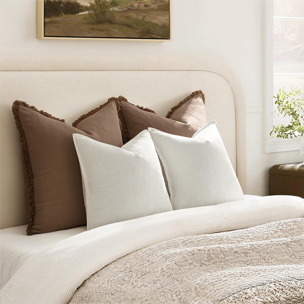 Anroduo Pack of 2 Decorative Linen Pillow Covers Cream White Euro Sham Neutral Farmhouse Boho Soild Cushion Case Soft Accent Pillowcase for…
