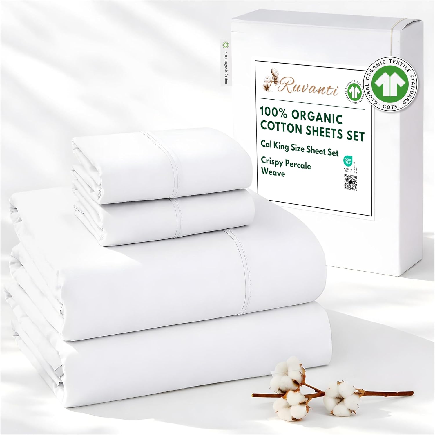 Ruvanti 100% Cotton Organic Percale Sheets Cal King Size – Crisp Cooling Bed Sheets for Hot Sleepers, Deep Pocket 13”, Soft Peach Finish, B…