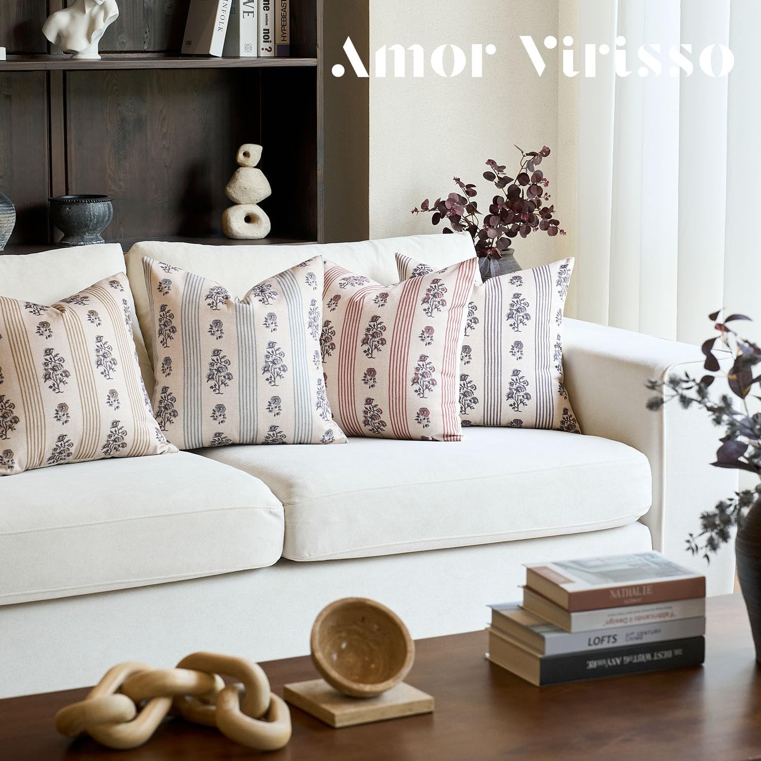 AffordableFloralPrintMaker Amor Virisso Floral Throw Pillow Covers 18x18 Set of 2 Block Print Pillow Covers Neutral Floral Striped Farmhous…