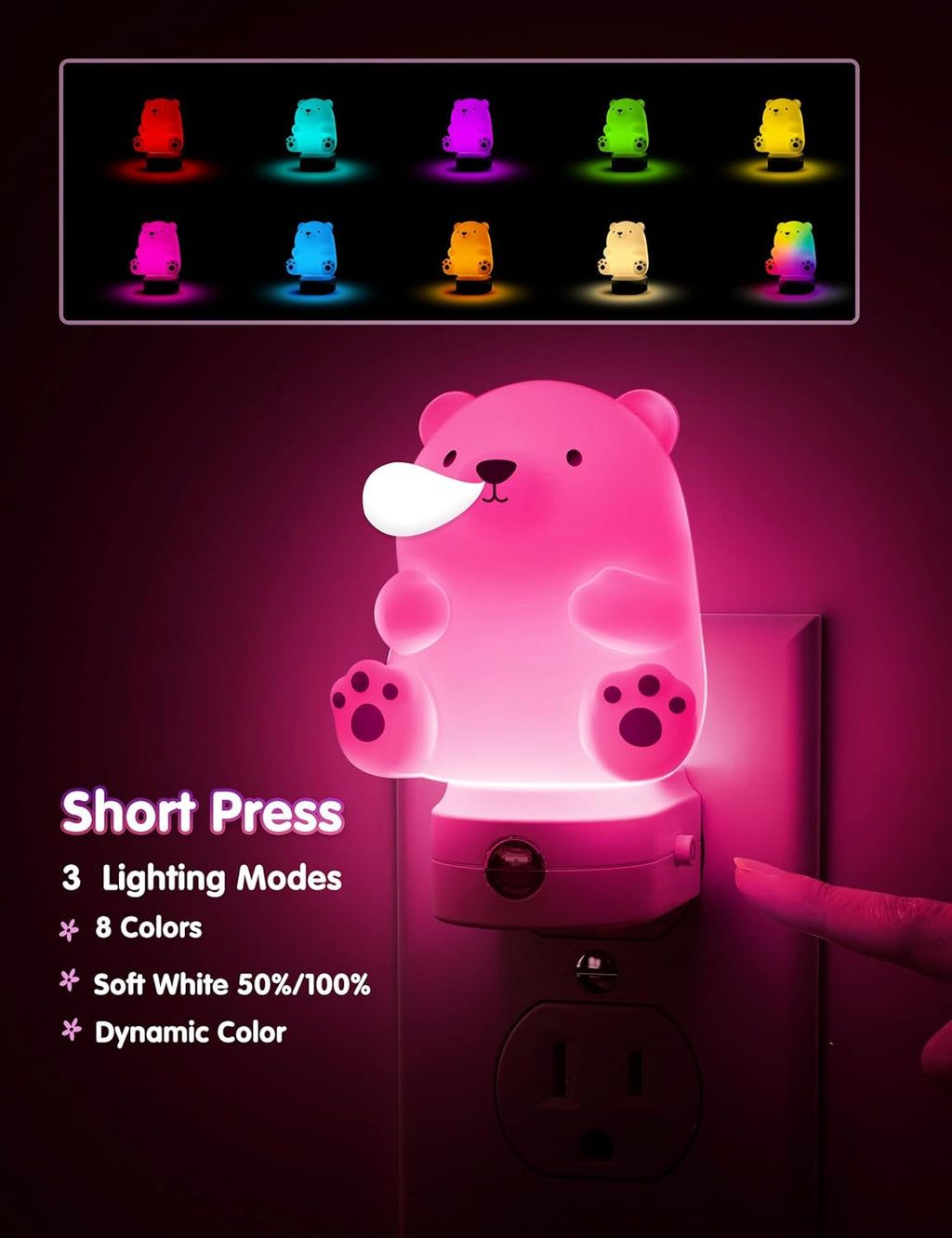 L LOHAS LED Night Light for Kids, 3D Cute Bear Night Light Plug in, Dusk to Dawn Nursery Night Lights, RGB+Soft White 3000K, 3 Lighting…