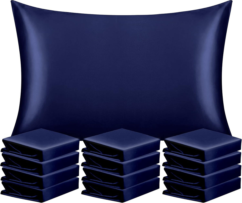 Ntbay 12 Pack Satin Queen Pillowcases for Hair and Skin, Luxurious and Silky Pillow Cases with Envelope Closure, 20 x 30 Inches, Navy Blue…