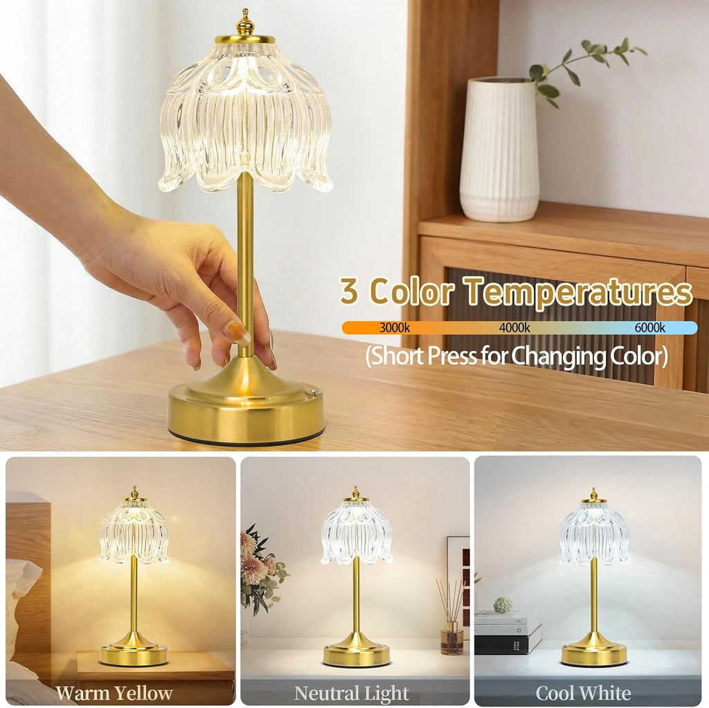 Cordless Lotus Flower Table Lamp, 5200mAh Rechargeable Battery Operated Portable Lamp, 3-Color Dimmable Touch Control Small Desk Lamp for…