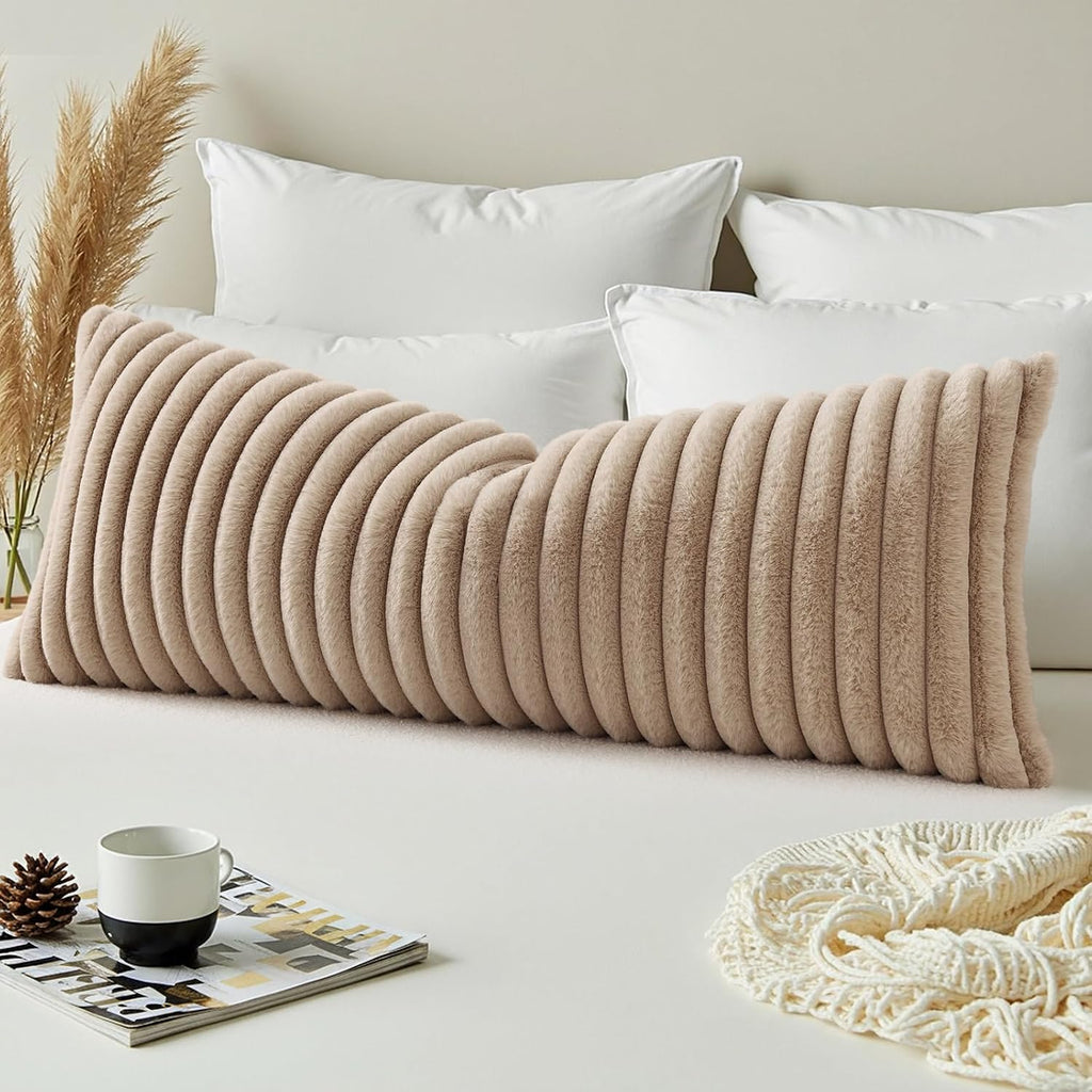 decorUhome Cozy Faux Fur Throw Pillow Covers 14x36 Set of 1 Decorative Soft Plush Striped Lumbar Modern Farmhouse Boho Couch Pillow Cases w…
