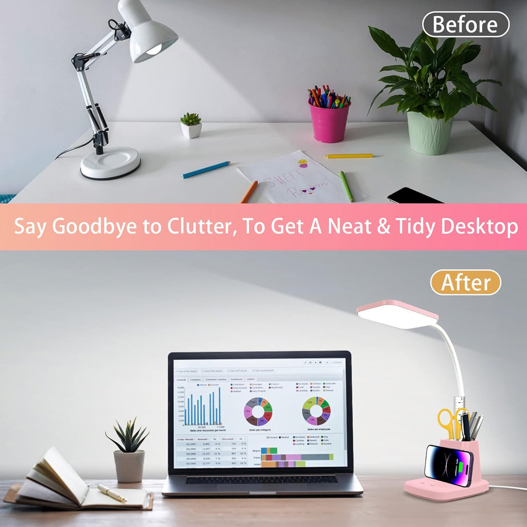 Pink Desk Lamp, Small Desk Lamp with Pen Holder, Wireless Charger LED Desk Lamps for Home Office, Kids Desk Lamps 800LM Flexible Arm 3…