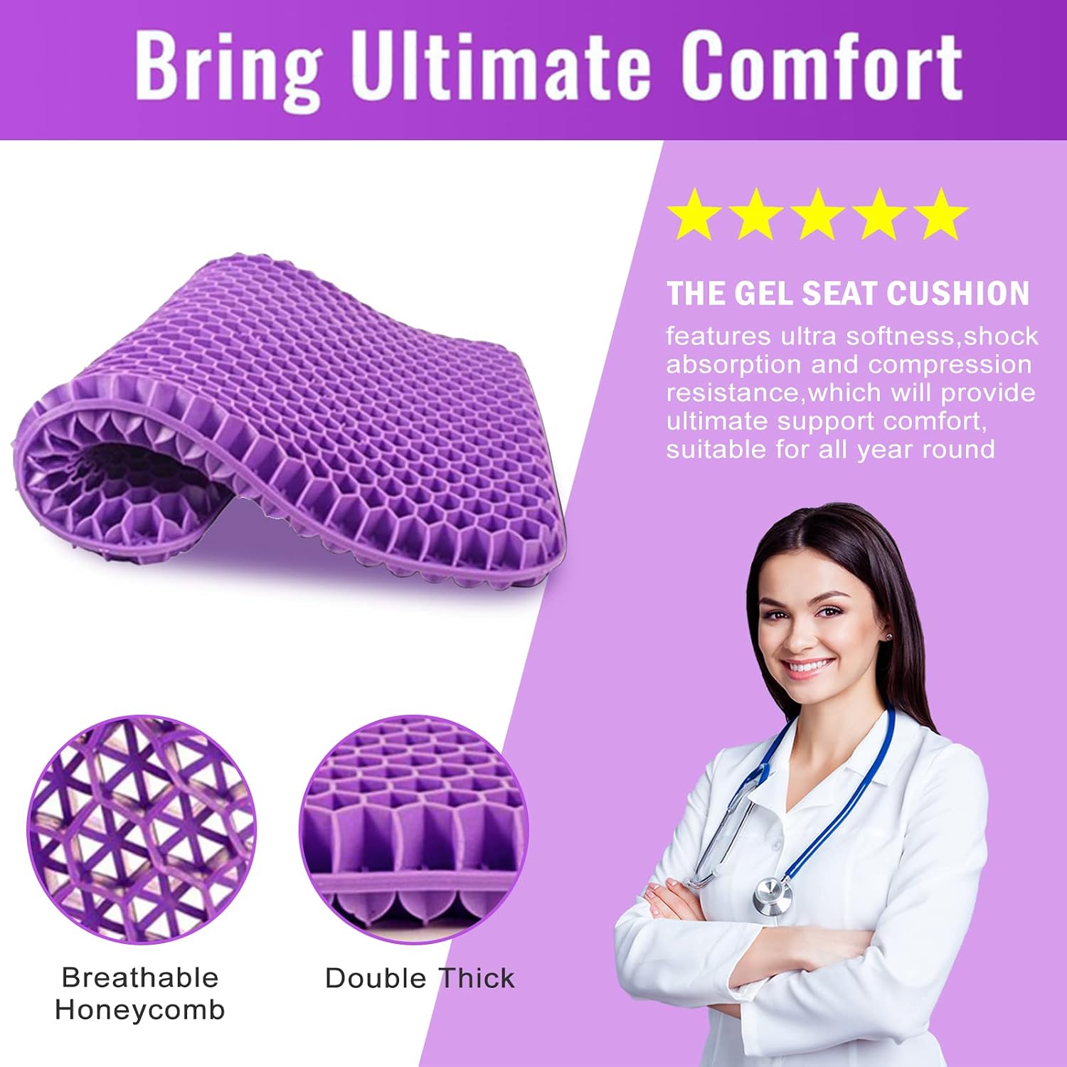 Fzitiy Gel Seat Cushion, for Long Sitting -Double Thick Gel Seat Cushion Breathable Honeycomb Chair Cushion with Non-Slip Cover for Office…