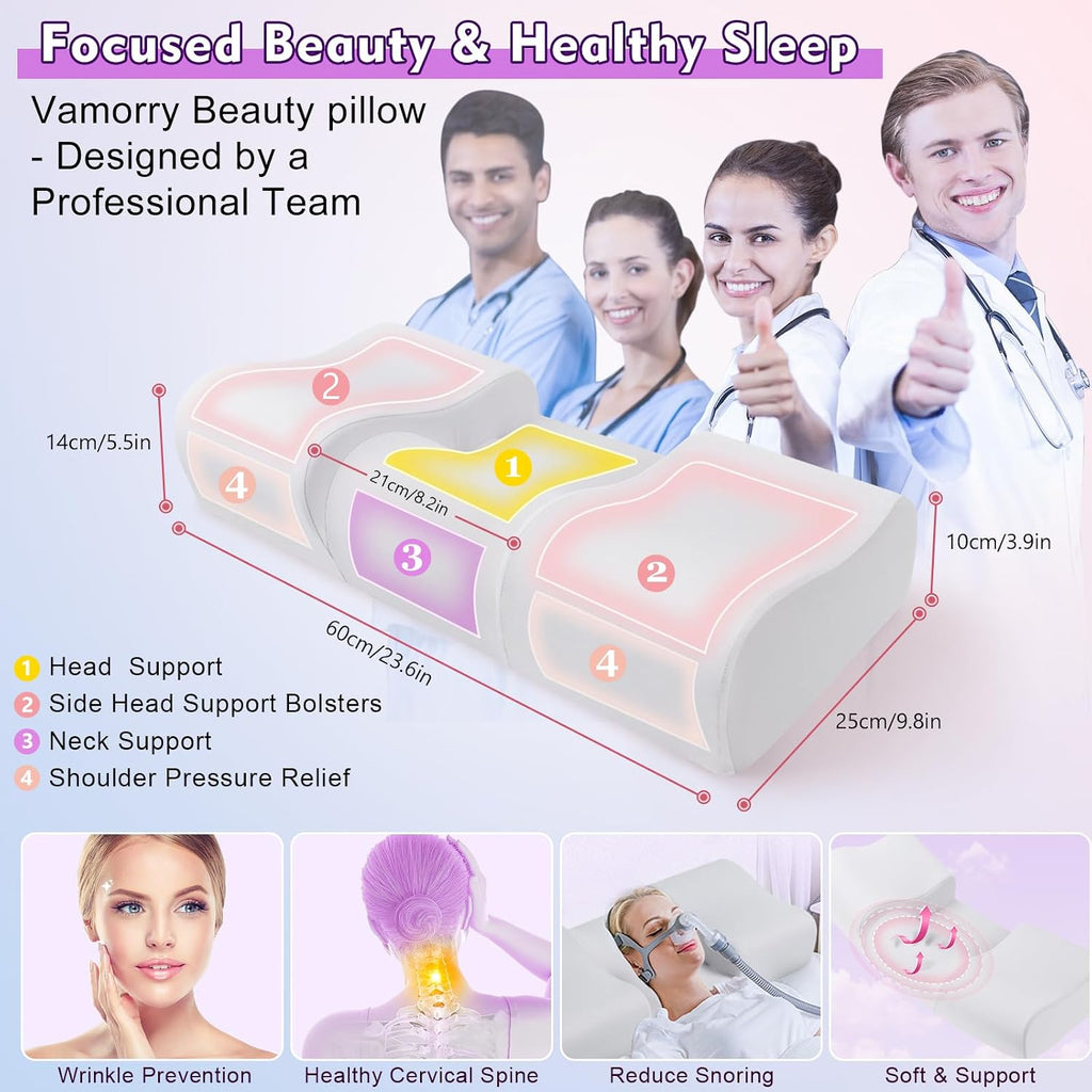 VamorryDirect Anti Wrinkle Ergonomic Back Sleep Training Pillow: Cervical Memory Foam Anti Aging Beauty Pillow for Neck - Contoured Neck &…
