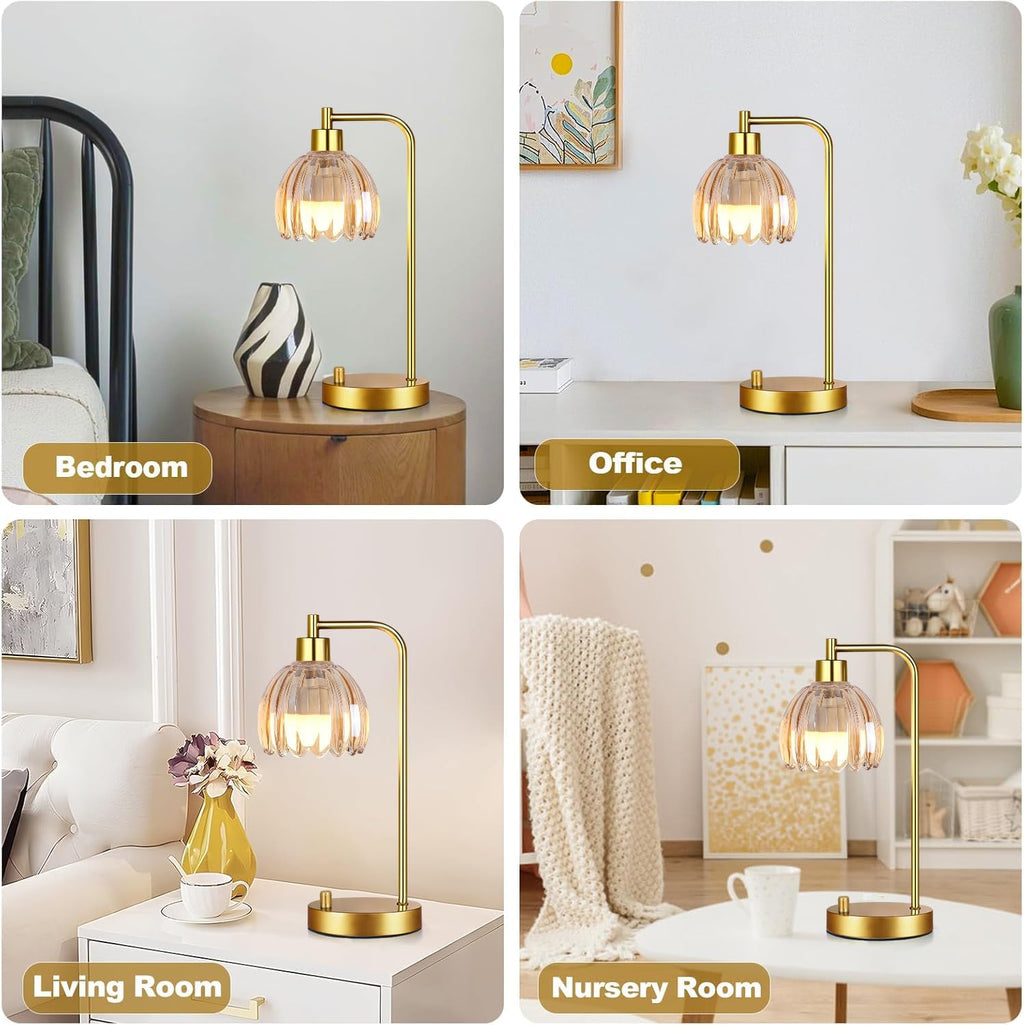 ILLMTW Glass Table Lamp Set of 2, Small Gold Bedside Lamps Dimmable Boho Bedroom Lamp with Tulip Flower Amber Lamp Shade, Vintage Mid…
