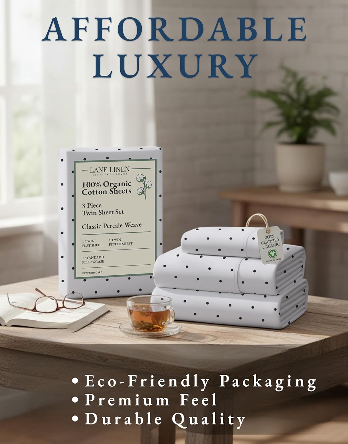 LaneLinen LANE LINEN 100% Organic Cotton Twin Sheets Set - 3 PC Bedding Sheets & Pillowcases - Breathable & Cooling Bed Sheets - Deep Pocke…