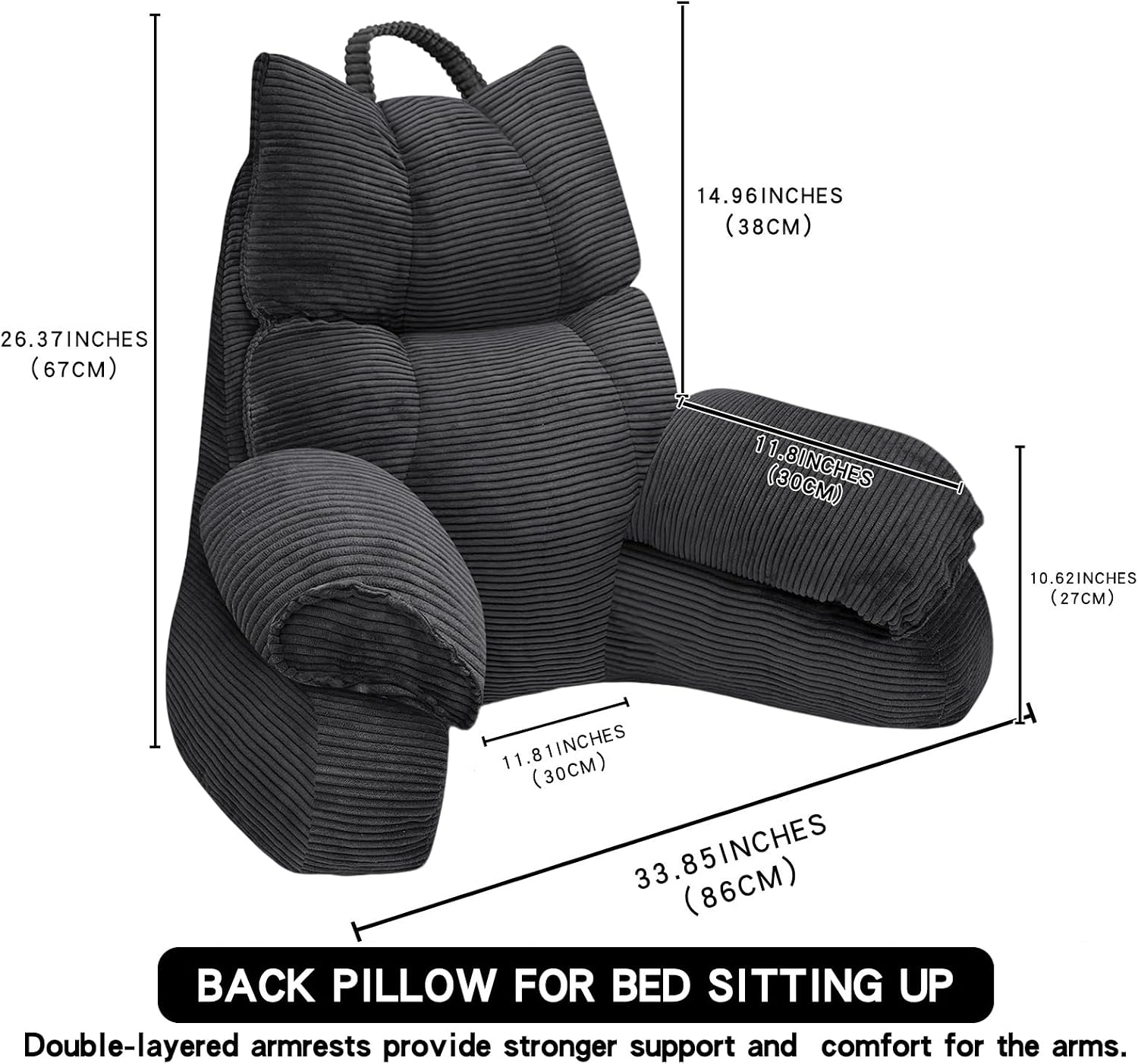 RRPAHWTV Reading Pillow for Bed with High Arm Rests, Back Support Pillow for Sitting Up in Bed with Shredded Memory Foam for Reading, TV…
