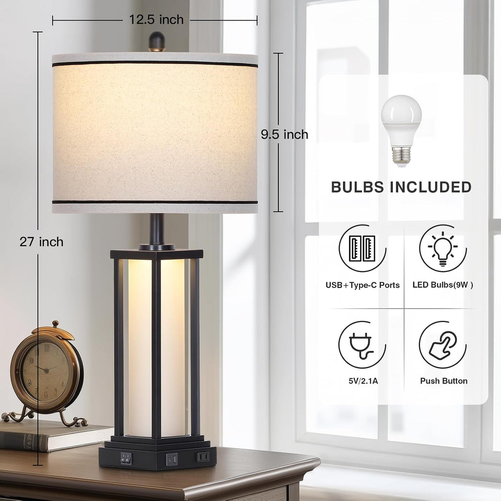 Cinkeda 27" Tall Vintage Table Lamp with USB C+A & Outlet, Black Industrial End Table Lamp for Living Room, Farmhouse Rustic Bedside Lamp…