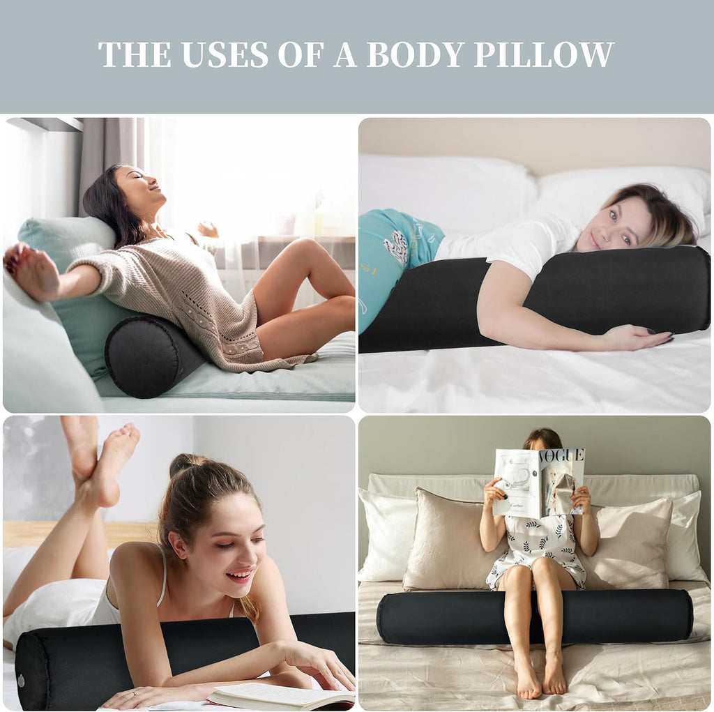 ONTYZZ Inflatable Long Body Pillow, Long Pillow for Bed, Oval Bolster Pillow for Good Sleeping and Back/Neck Support, 1pcs Black