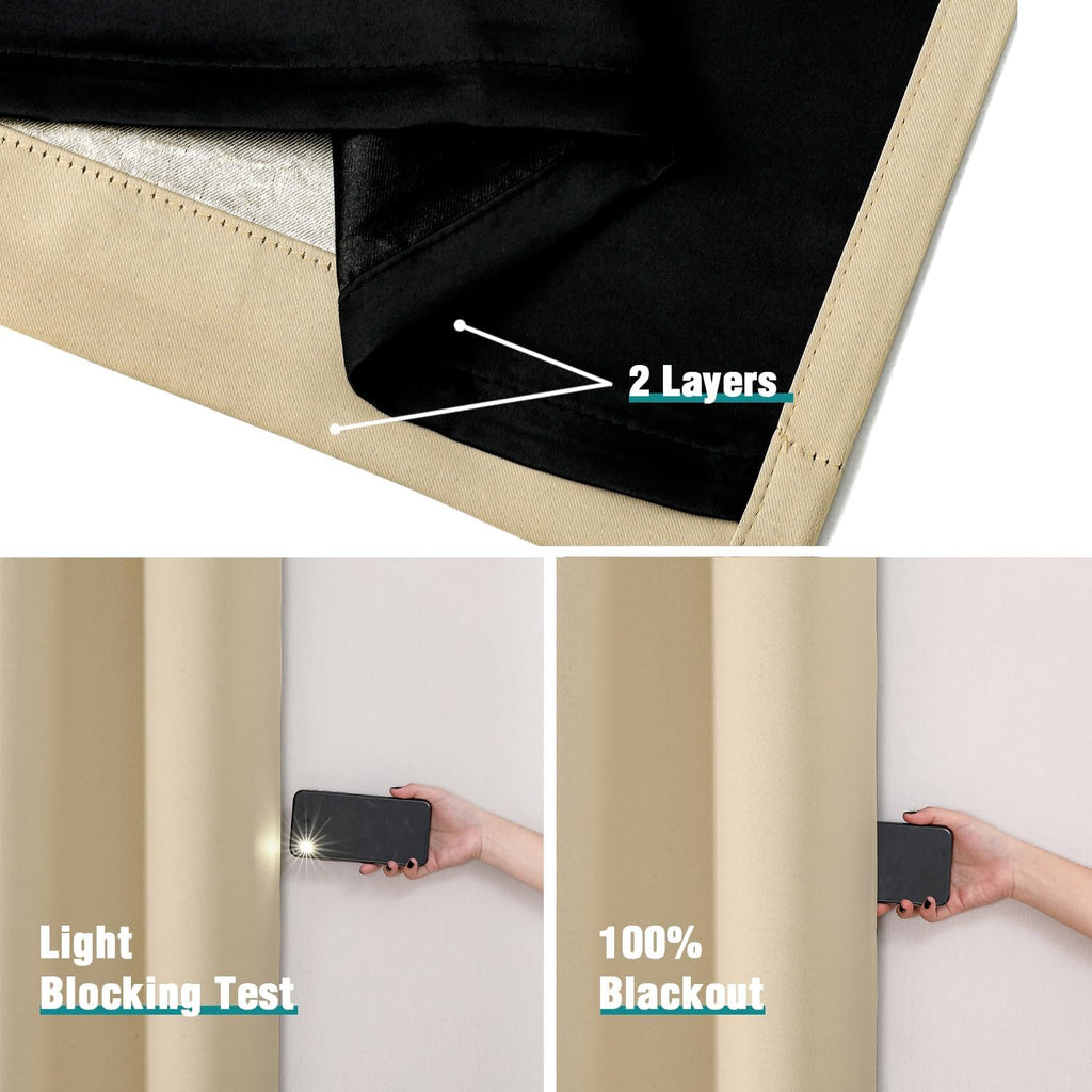 ChrisDowa 100% Blackout Curtains for Bedroom with Black Liner, 2 Thick Layers Total Blackout Thermal Insulated Grommet Window Curtains 2 Pa…