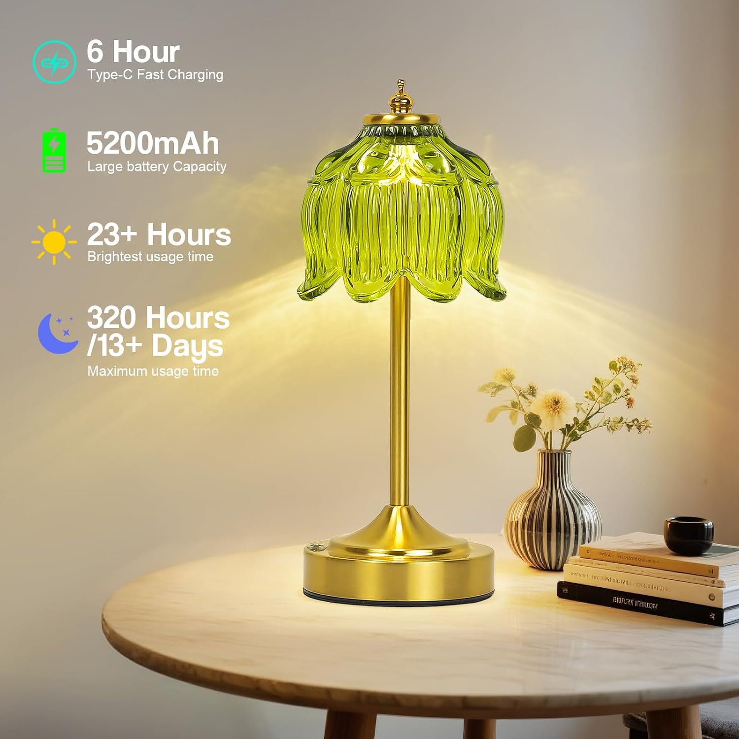 Cordless Lotus Flower Table Lamp, 5200mAh Rechargeable Battery Operated Portable Lamp, 3-Color Dimmable Touch Control Small Desk Lamp for…