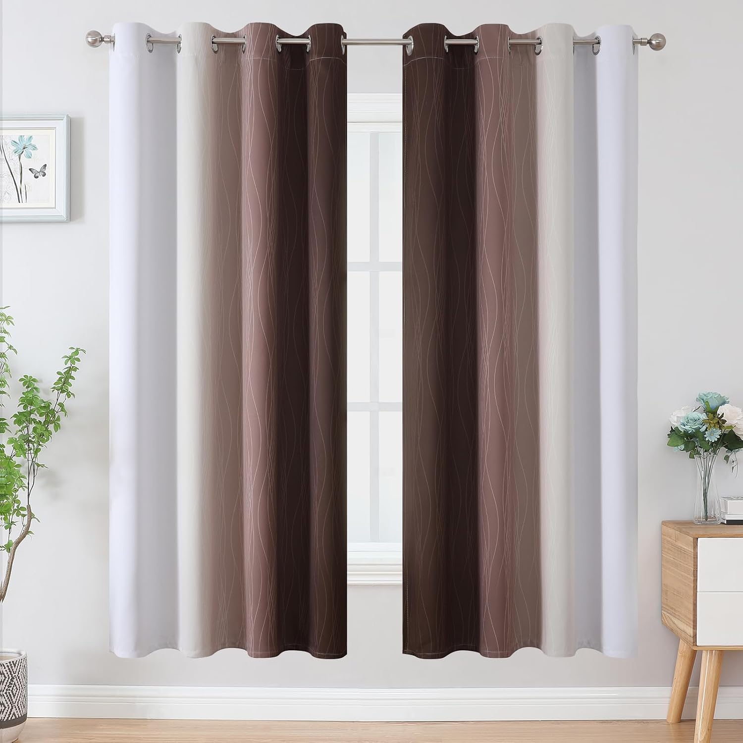 Estelartextiler Estelar Textiler Brown and Greyish White Blackout Curtains 72 Inch Length 2 Panels Set, Full Room Darkening Grommet Ombre C…
