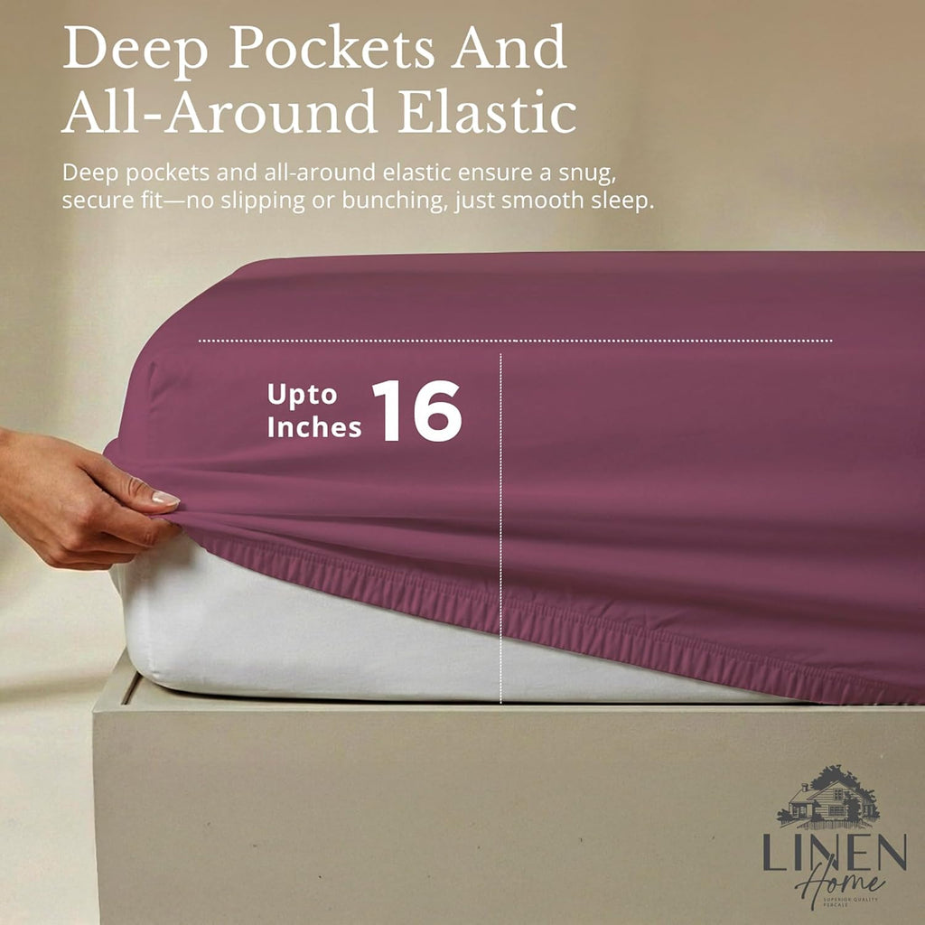 Linen Home 100% Cotton Percale Sheets Twin Size, Damson Berry, Deep Pocket, 3 Pieces Set - 1 Flat, 1 Deep Pocket Fitted Sheet and 1…