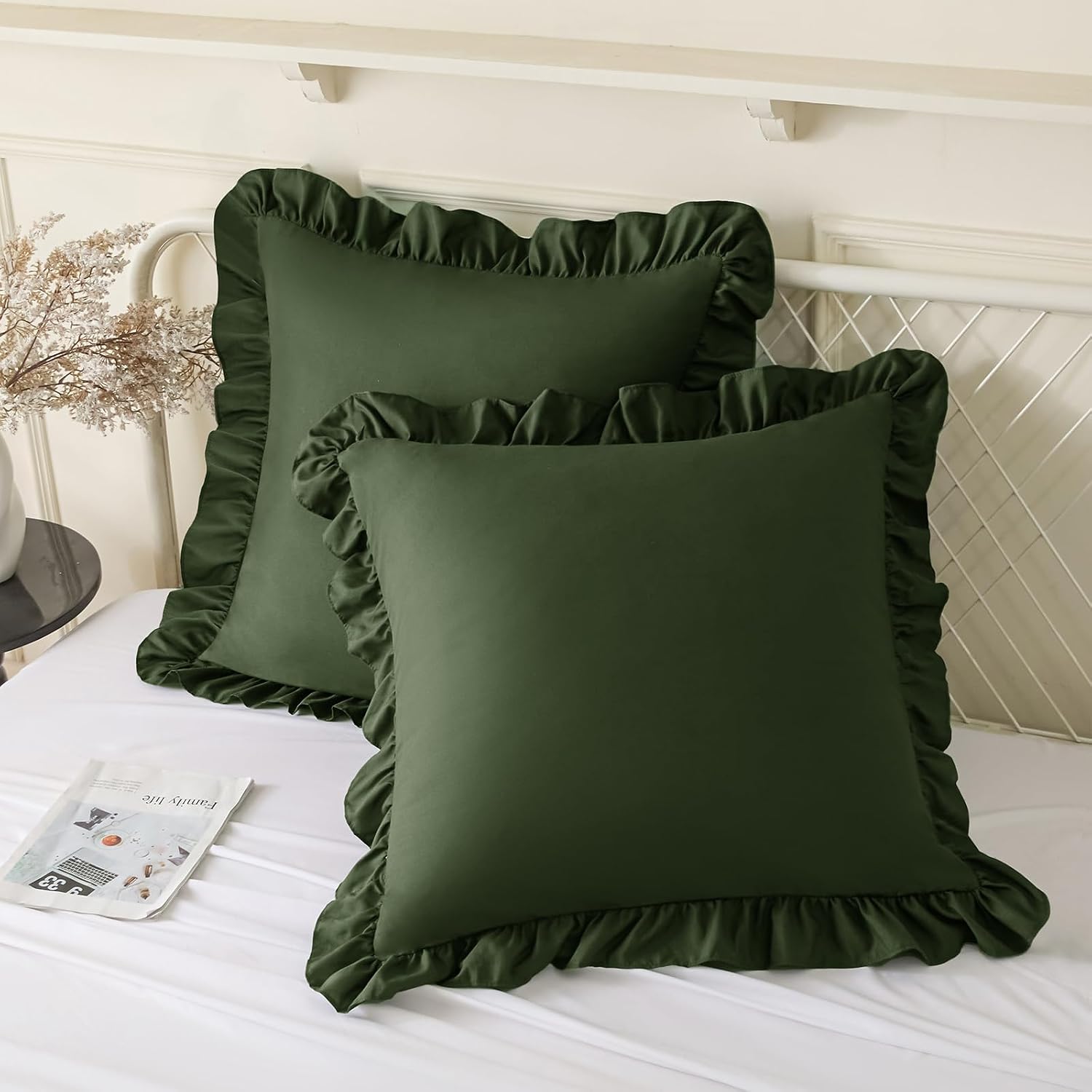 KKJIAF Ruffle Pillow Cases 18x18 Inches, Olive Green Square Ruffled Pillow Covers Set of 2, Microfiber Wrinkle Resistant Pillow Shams…