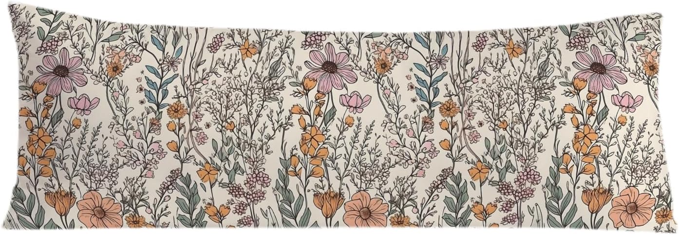 Vintage Boho Floral 20x54 Body Pillow Cover, Cottagecore Room Decor, Retro Rustic Cottagecore Flowers Aesthetic Decorative Long Body…