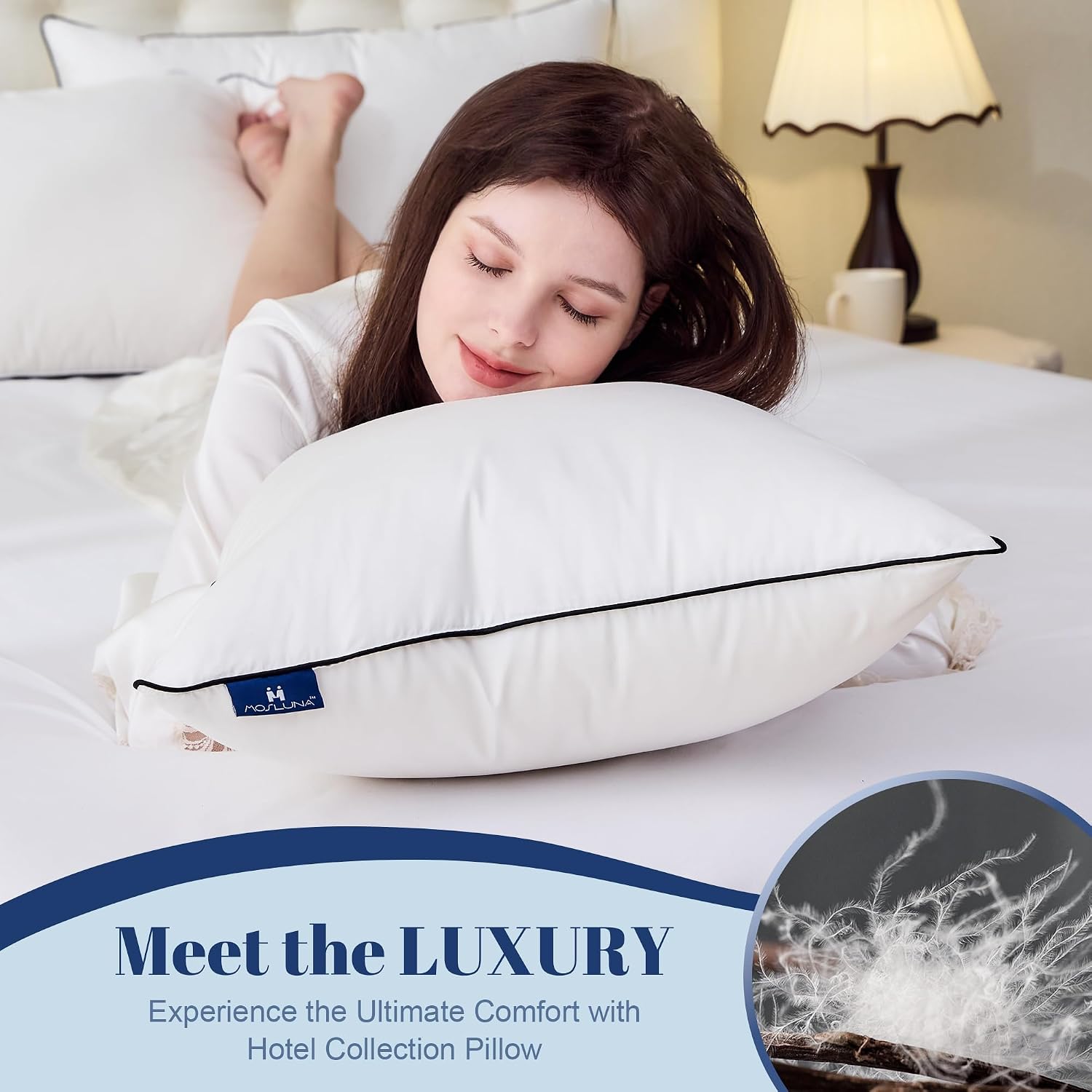 Mosluna Feather Down Pillows King Size Set of 2, Luxury Hotel Collection Bed Pillow 2 Pack, AiryfilTM Powered Fillings & Feathers Pillow, Flu…