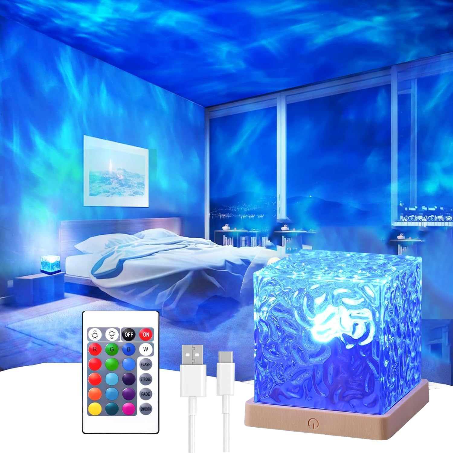 Ocean Wave Projector Light, 16 Color Rechargeable Ocean Lamp, with Power Touch Control and Remote Control Luminorthe Cube Lamp, Bringing…