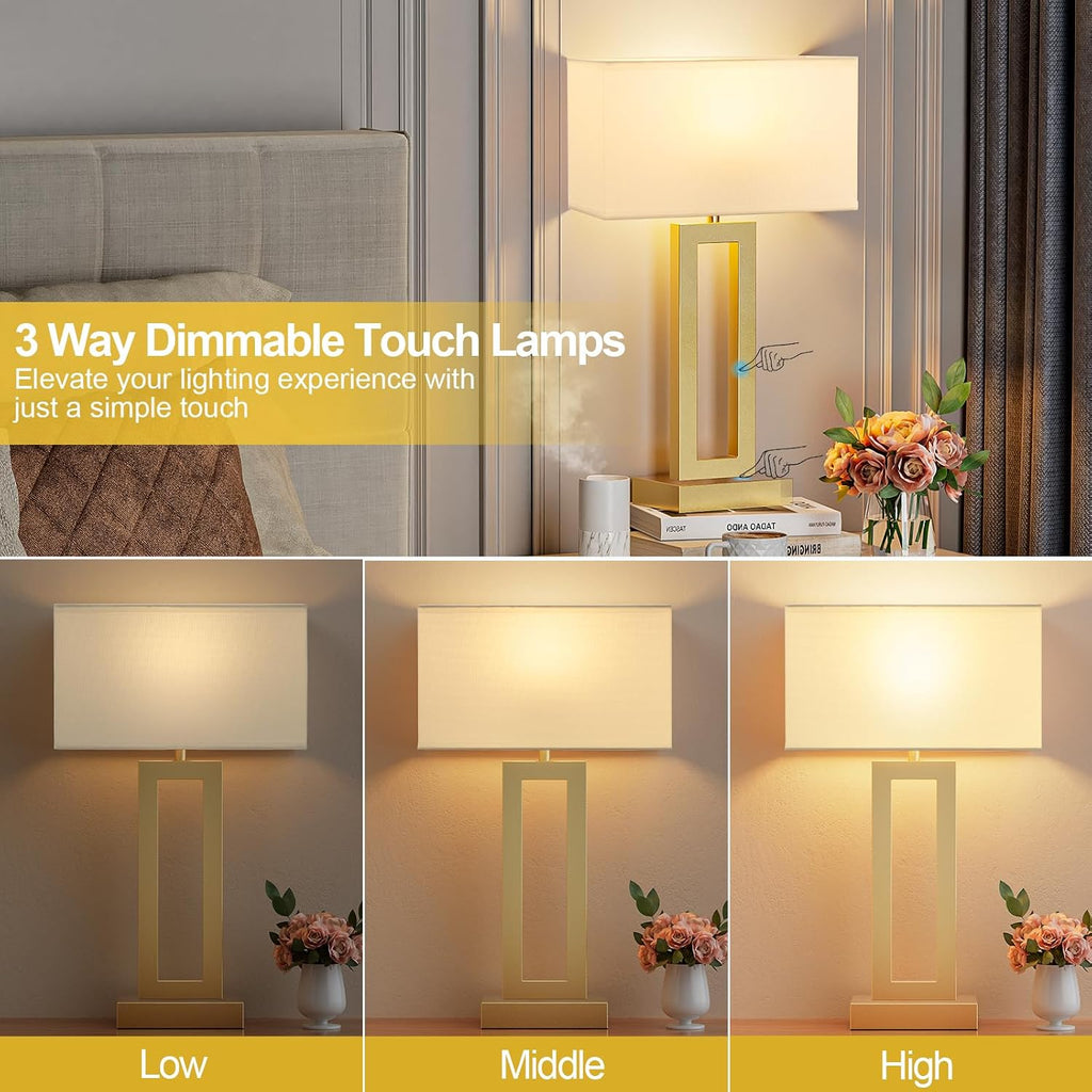 Seealle 22" Tall Bedroom Lamps for Living Room - Touch Gold Bedside Lamps with USB C+A, 3 Way Dimmable for Nightstand, Modern Night…