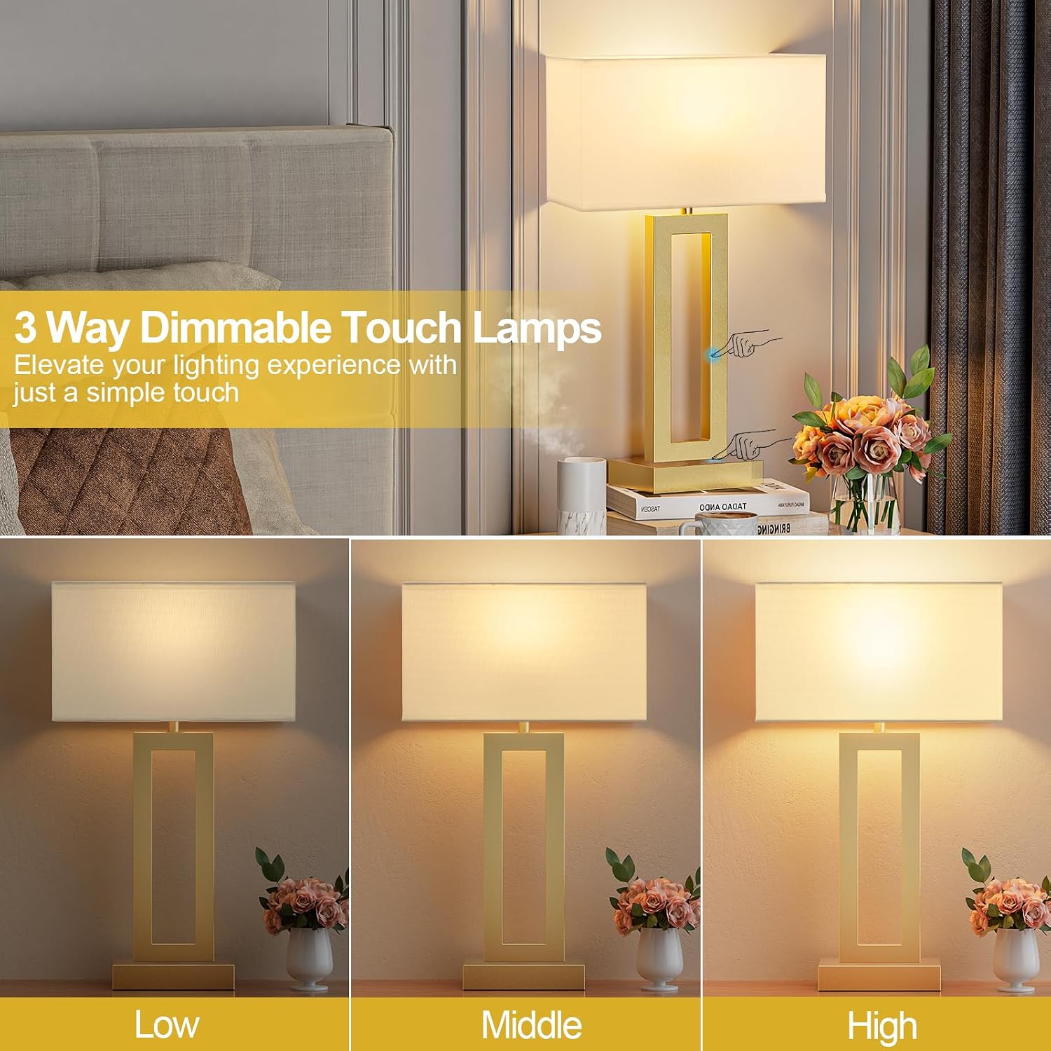 Seealle 22" Tall Bedroom Lamps for Living Room - Touch Gold Bedside Lamps with USB C+A, 3 Way Dimmable for Nightstand, Modern Night…