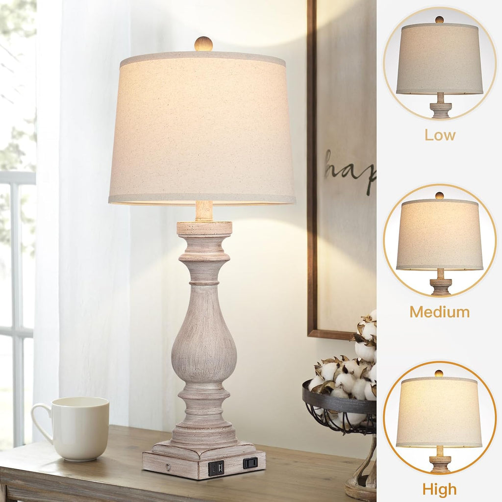 Cinkeda 29" Tall Table Lamp for Living Room Set of 2, Vintage Bedside Nightstand Lamps with USB C+A Ports & AC Outlet,3-Way Dimmable Touch…