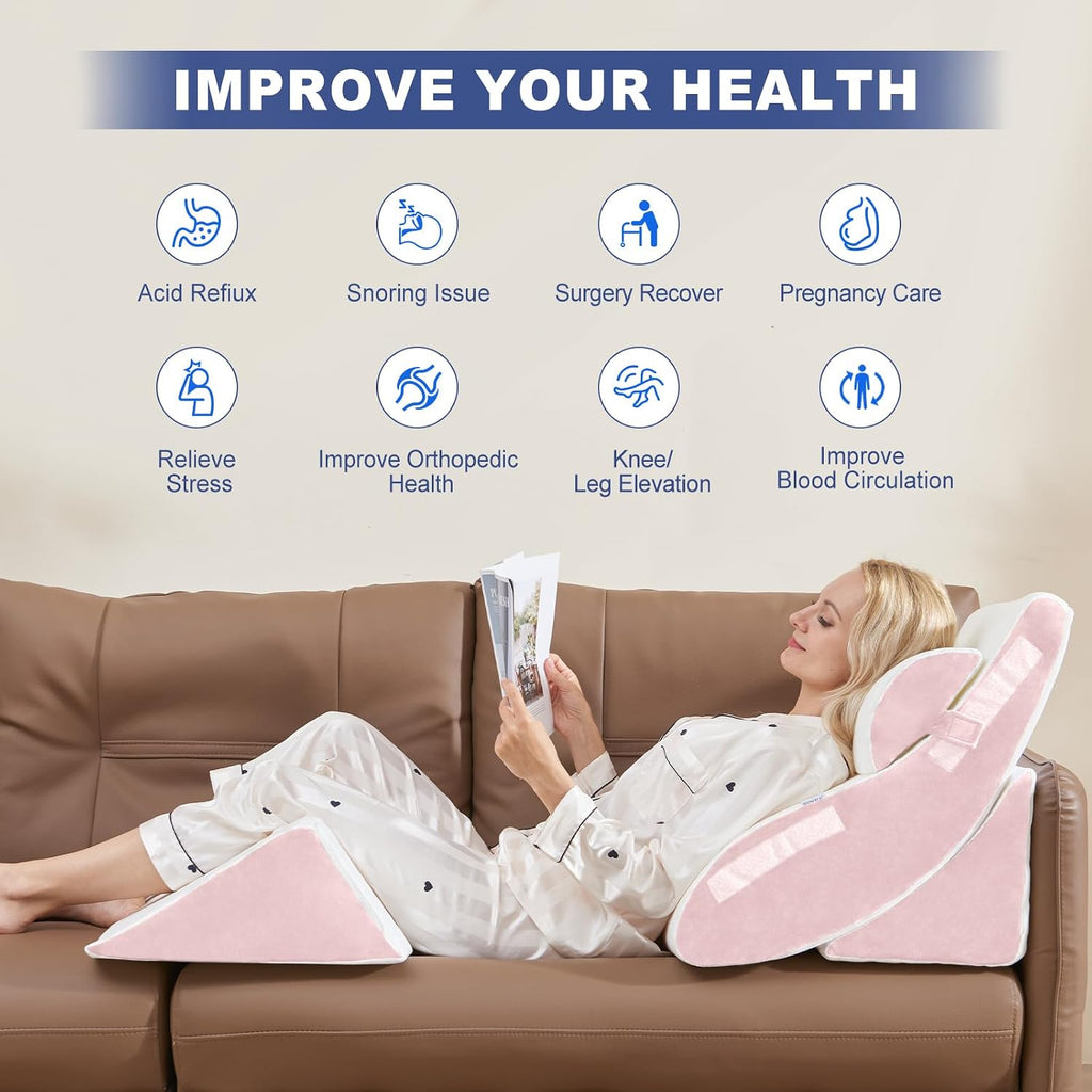 Wsofrlac 4PC Geriatric Wedge Pillow System - Elderly Bed Wedges for Sitting/Sleeping, Post Surgery Body Positioner with Non-Slip Base (Idea…