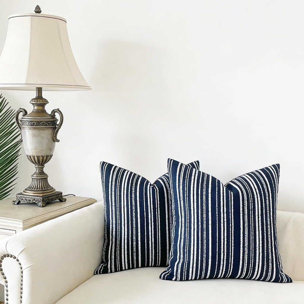 Slow Cow Boho Chenille Textured Woven Stripe Throw Pillow Covers 18 x18 Decorative Cushion Cover Pillow Cover Chenille Pillow Case Navy Blue