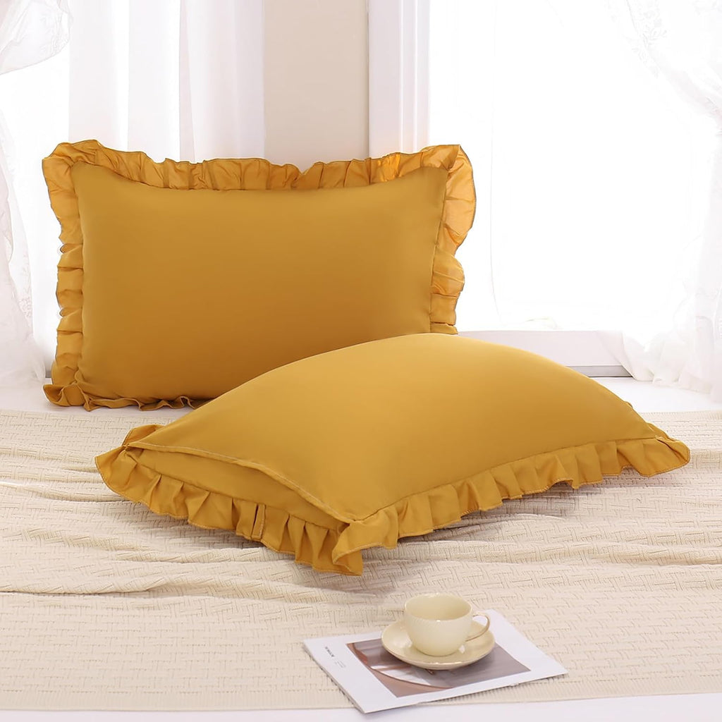 Merryword Mustard Yellow Pillowcases Standard Pillowcases 20x26inch Set of 2 Ruffle Pillow Shams Cute Pillow Covers Solid Yellow Shabby Chi…