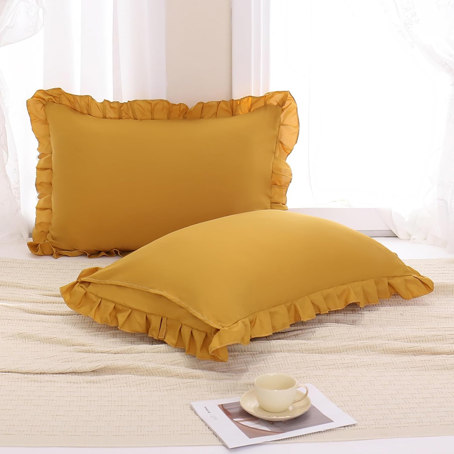 Merryword Mustard Yellow Pillowcases Standard Pillowcases 20x26inch Set of 2 Ruffle Pillow Shams Cute Pillow Covers Solid Yellow Shabby Chi…