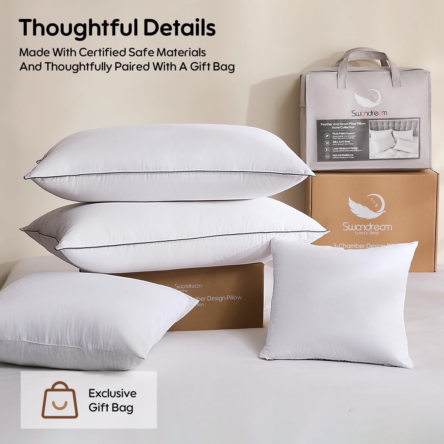 Swandream Goose Feather and Down Bed Pillow Standard Size Single Pack, Luxury 3-Chamber Pillows with Soft & Down-Proof Cover, Fluffy Plush…