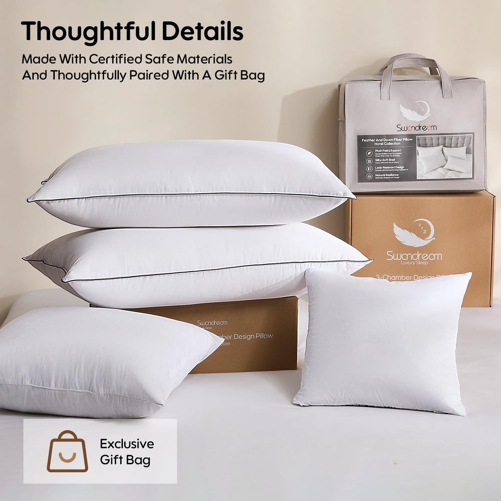 Swandream Goose Feather and Down King Pillows 2 Pack, Luxury 3-Chamber Pillows with Soft & Down-Proof Cover, Fluffy Plush Hotel Collection…