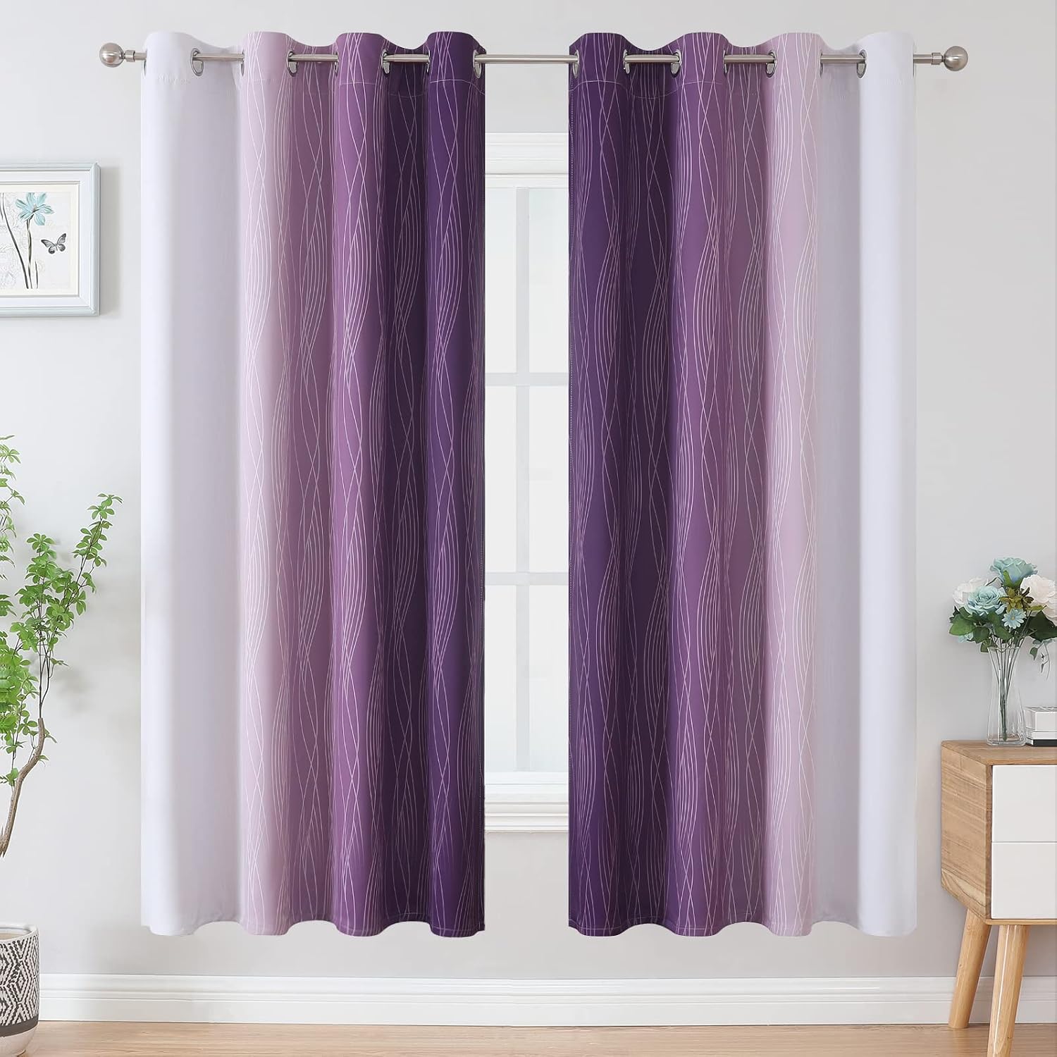 Estelartextiler Estelar Textiler Purple and Greyish White Blackout Curtains 72 Inch Length 2 Panels Set, Room Darkening Grommet Ombre Curta…