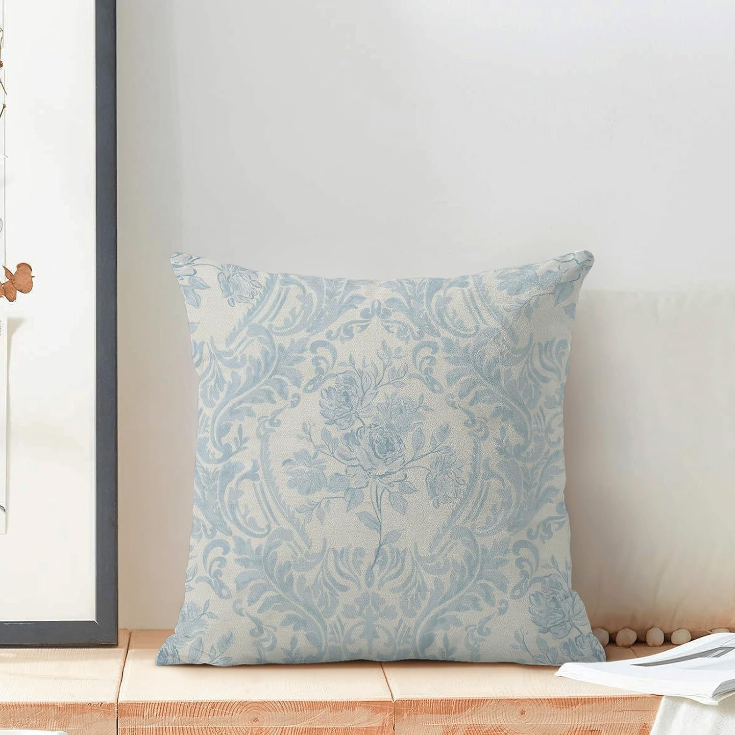 Baby Blue Pillow Covers 18x18 Inch Set of 2 Block Print Floral Throw Pillows Vintage Flower Decorative Boho Outdoor Pillow Cases…